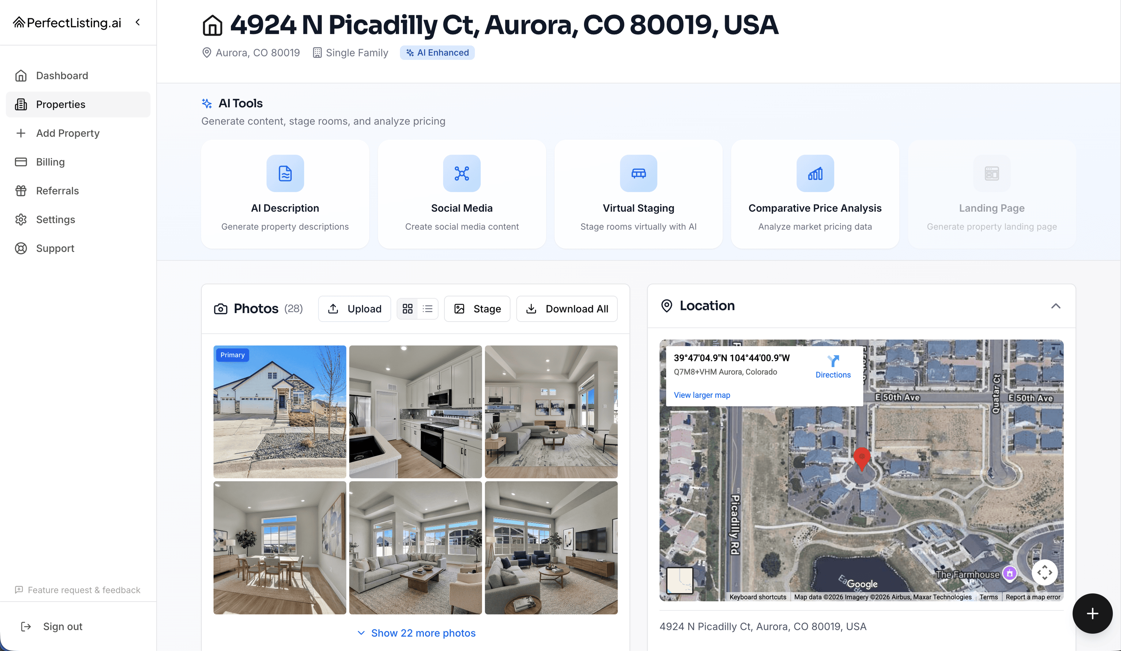 PerfectListing.ai property details page showing AI content generation tools